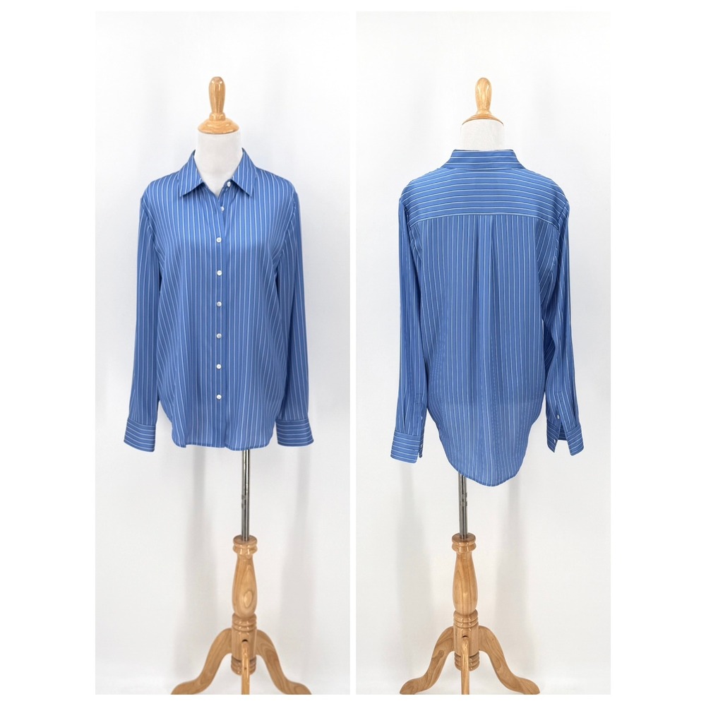 QUINCE Washable Stretch Silk Blouse Women Medium Blue Striped Lapis Horizon - Picture 3 of 16